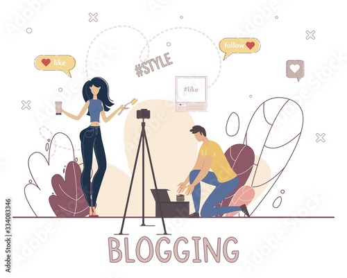 Beauty Blogger, Fashion and Style Vlogger Review Video Concept. Blogging People, Woman Promoting Cosmetics Brand, Recommending Product for Makeup to Channel Follower Trendy Flat Vector Illustration