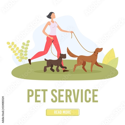 Pet Walking Service Trendy Flat Vector Web Banner, Landing Page Template. Female Dog Walker, Young Woman Going on Park Meadow or City Animals Playground with Two Puppies on Leashes Illustration