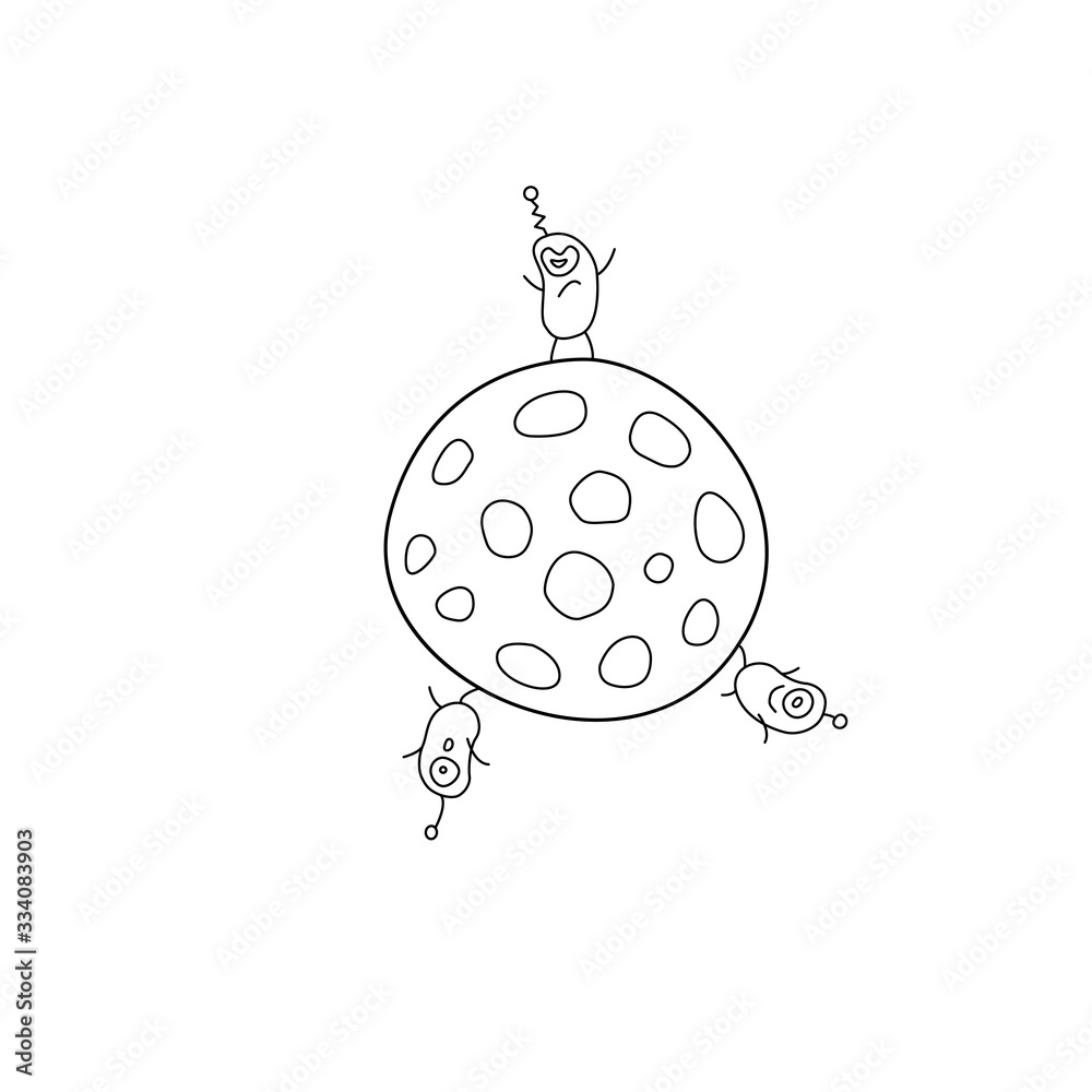 Cute funny aliens are standing on round moon, planet. Taking over the world. Emotions. Design element, icon on the theme of UFOs, space. Doodle vector outline illustration Cute funny aliens are standing on round moon, planet. Taking over the world. Emotions. Design element, icon on the theme of UFOs, space. Doodle vector outline illustration