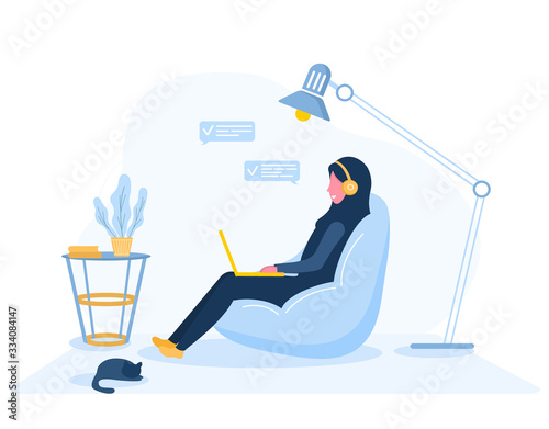 Womens freelance. Arabian girl in hijab with laptop sitting on a chair bag. Concept illustration for working, studying, education, work from home, healthy lifestyle. Vector illustration in flat style.