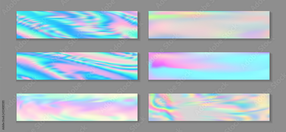 Fototapeta premium Hologram cosmic flyer horizontal fluid gradient unicorn backgrounds vector collection. Silk