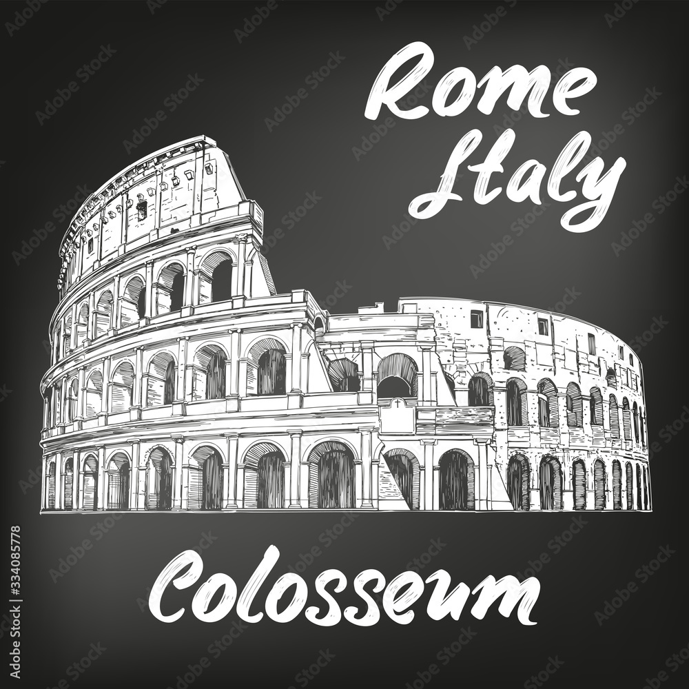 Colosseum, an ancient amphitheatre, an architectural historical landmark of Rome, Italy. hand drawn vector illustration sketch, drawn in chalk on a black board