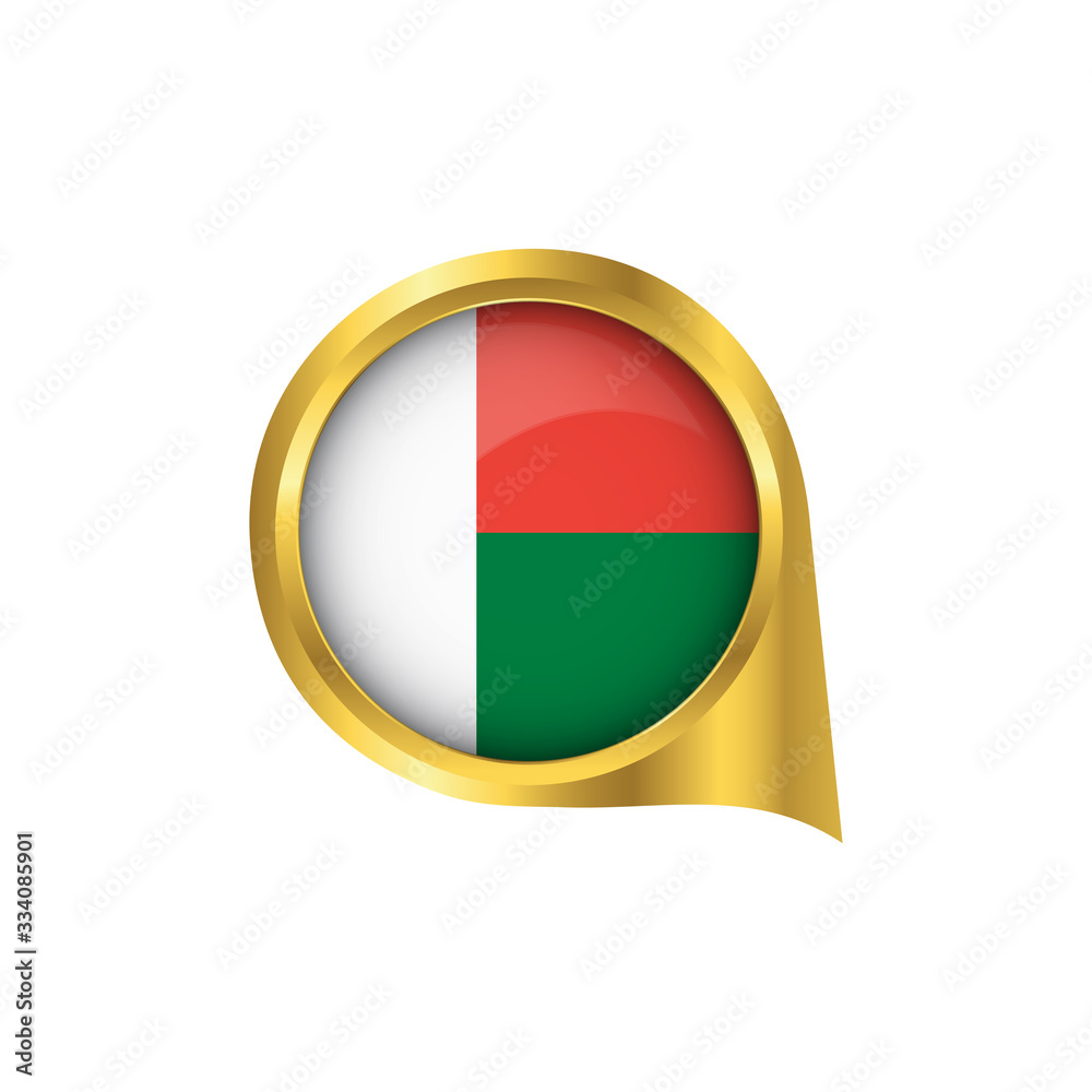 Fototapeta premium Flag of Madagascar, location map pin, pointer flag Madagascar, button gold, Icon country . Vector Illustration EPS10.