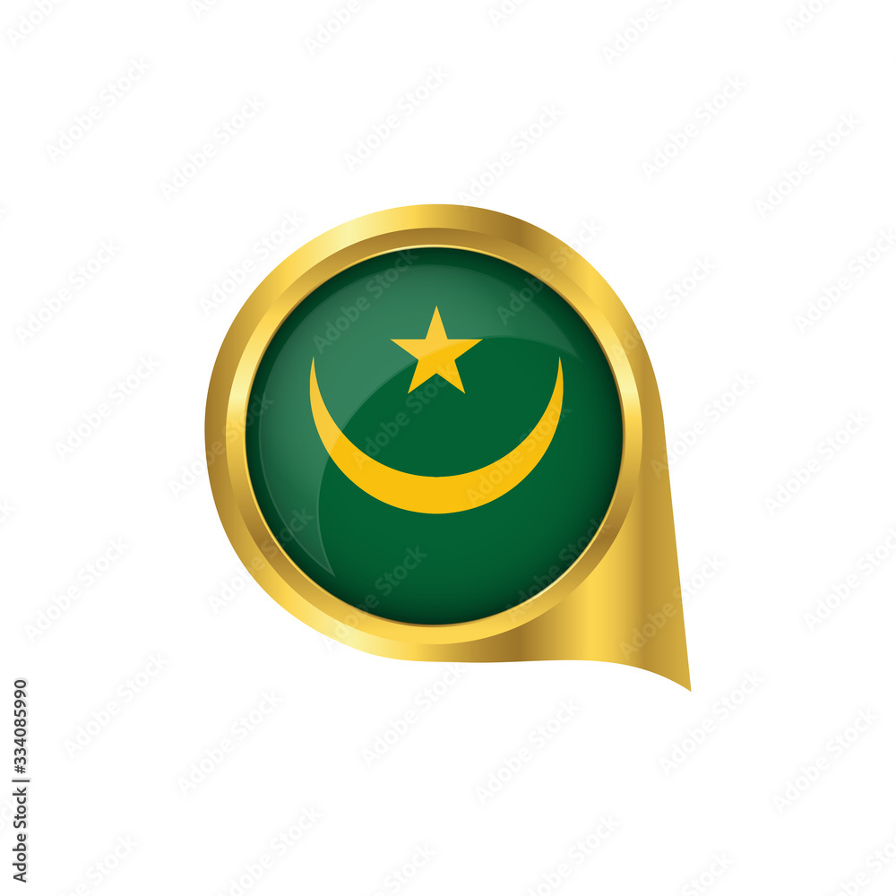 Flag of Mauritiana, location map pin, pointer flag Mauritiana, button gold, Icon country . Vector Illustration EPS10. Flag of Mauritiana, location map pin, pointer flag Mauritiana, button gold, Icon country . Vector Illustration EPS10.