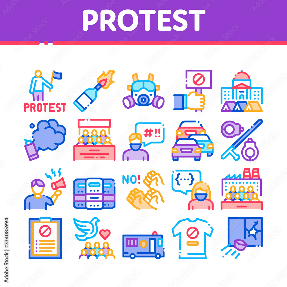 Protest And Strike Collection Icons Set Vector. Plant Workers Protest, Respiratory Mask And Burning Liquid Bottle, Police Tool And Van Concept Linear Pictograms. Color Illustrations