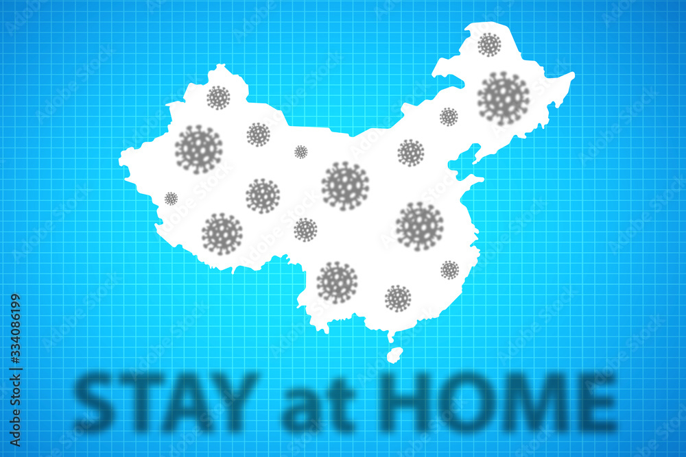 Stay at home writing with virus icons on China map on blue background
