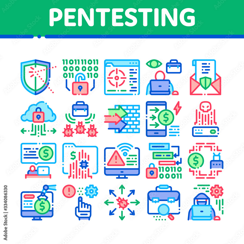 Pentesting Software Collection Icons Set Vector. Pentesting Programming Code, Cybersecurity Shield, Web Site Penetration Test Concept Linear Pictograms. Color Illustrations