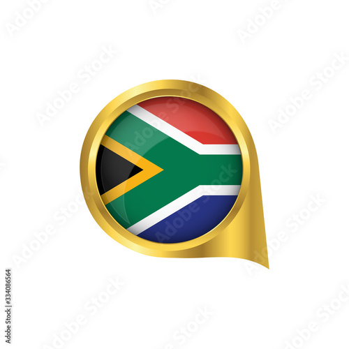 Flag of South Africa, location map pin, pointer flag South Africa, button gold, Icon country . Vector Illustration EPS10.