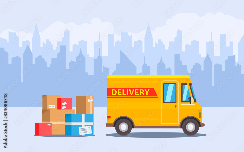 Yellow cartoon delivery van and colored cardboard boxes and blue city at background. Delivery service flat concept. Product goods shipping transport. Fast express truck. Vector illustration.