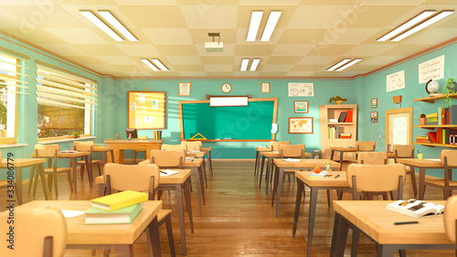Empty school classroom in cartoon style. Education concept without students. 3d rendering interior illustration. Back to school design template. Classroom in quarantine on coronavirus COVID-19.