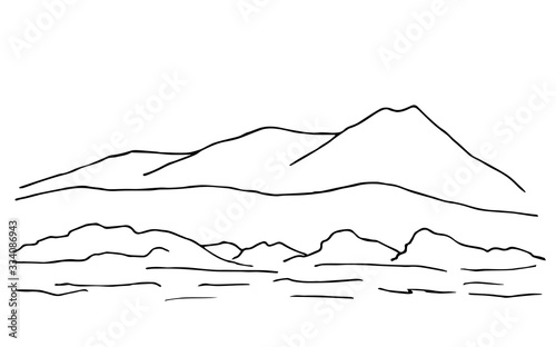 Hand-drawn black outline simple vector drawing. The contour of the mountain  lines  hills  panoramic landscape  rocky terrain. Tourism  travel  mountaineering. Wildlife of mountain countries.