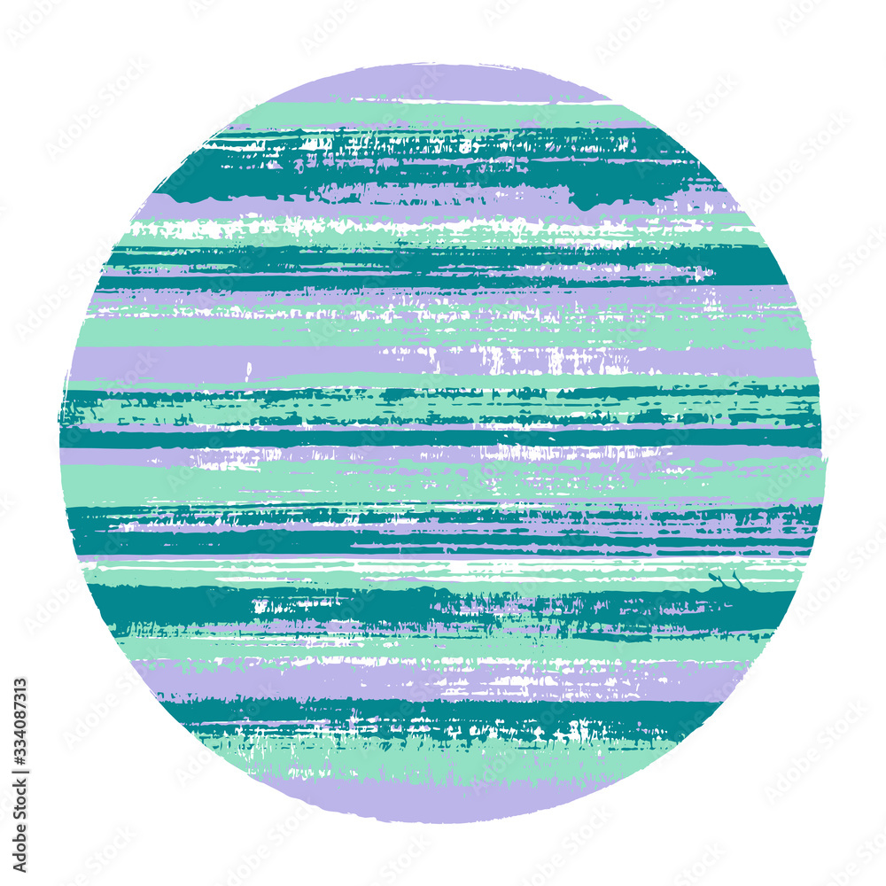 Rough circle vector geometric shape with striped texture of paint horizontal lines. Old paint texture disk. Label round shape logotype circle with grunge background of stripes.