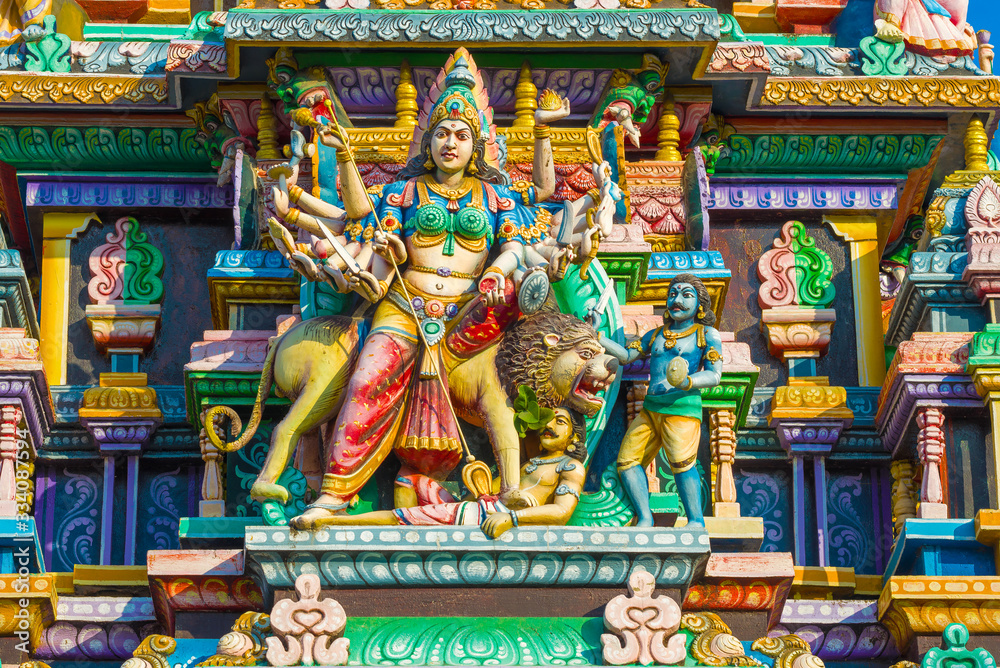 Sculpture of the god Shiva in the form of the ancient Hindu temple Sri Bhadrakali Amman Kovil (Kali Kovil) close-up. Trincomalee, Sri Lanka.
