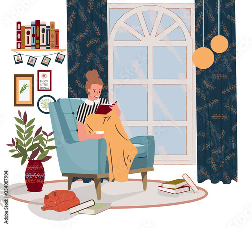 Young woman sitting in armchair and reading books. Student studying and preparing for examination. Book lovers, readers, modern literature fans on a white background. Flat cartoon vector illustration