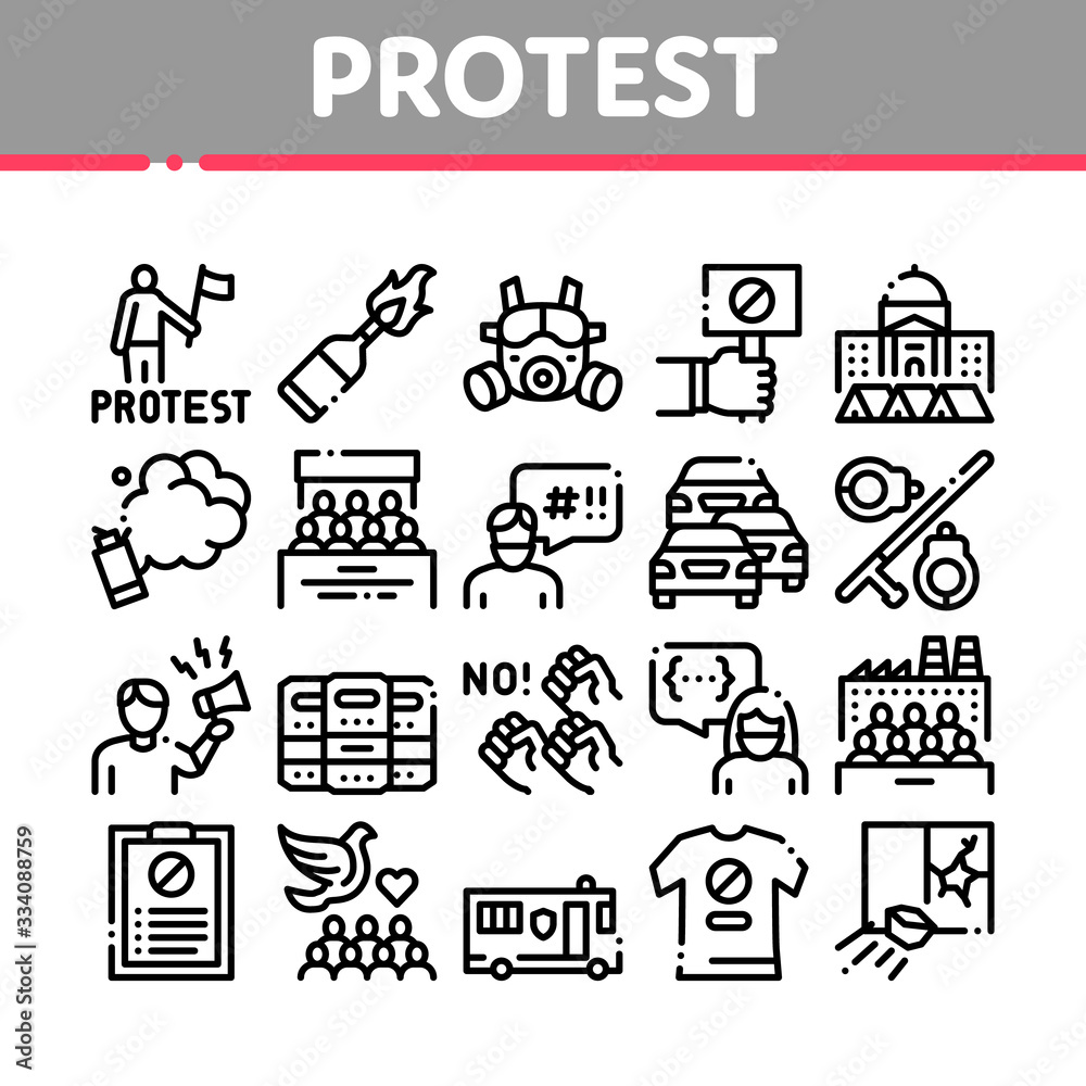 Protest And Strike Collection Icons Set Vector. Plant Workers Protest, Respiratory Mask And Burning Liquid Bottle, Police Tool And Van Concept Linear Pictograms. Monochrome Contour Illustrations