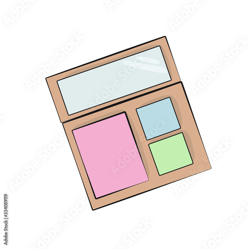 cheek blush,shadows package top view. container with compact blusher, makeup product. Decorative cosmetic close up isolated on white background. Vector illustration