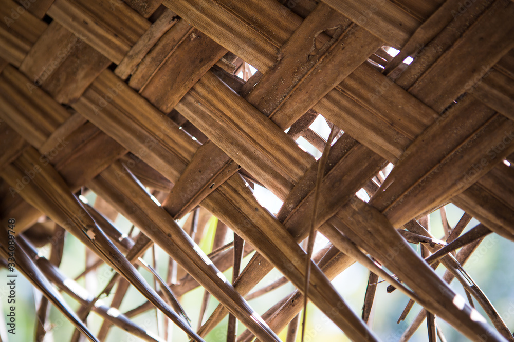 Texture interweaving of palm and banana leaves on tropical beach umbrellas and mats. Weaving of dry banana leaves Texture interweaving of palm and banana leaves on tropical beach umbrellas and mats. Weaving of dry banana leaves