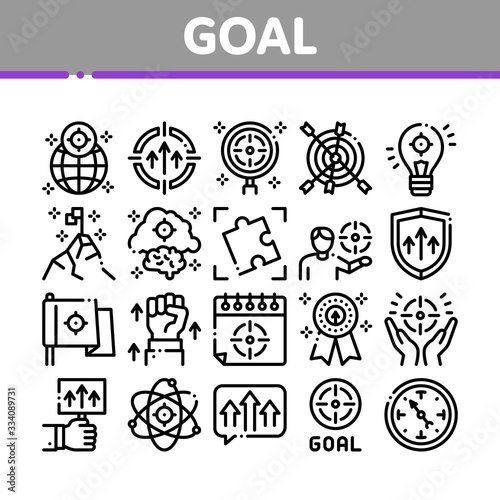 Goal Target Purpose Collection Icons Set Vector. Goal Aim On Planet And Lightbulb, Atom And Flag, Calendar And Medal Award Concept Linear Pictograms. Monochrome Contour Illustrations