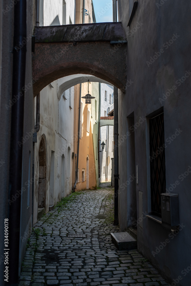 Narrow little alley in the center of Passau, Bavaria, Germany