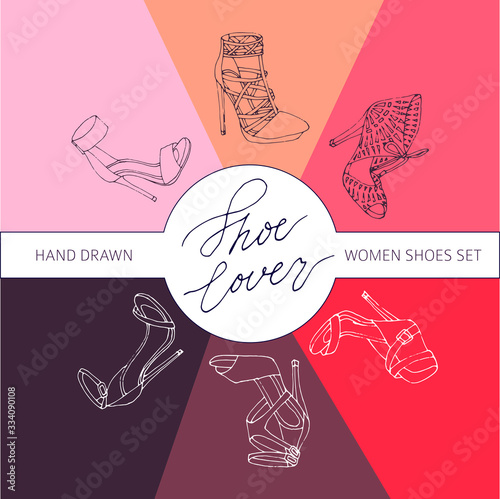 Hand drawn women s shoes silhouette set Vector