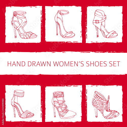 Hand drawn women s shoes set Hi heels