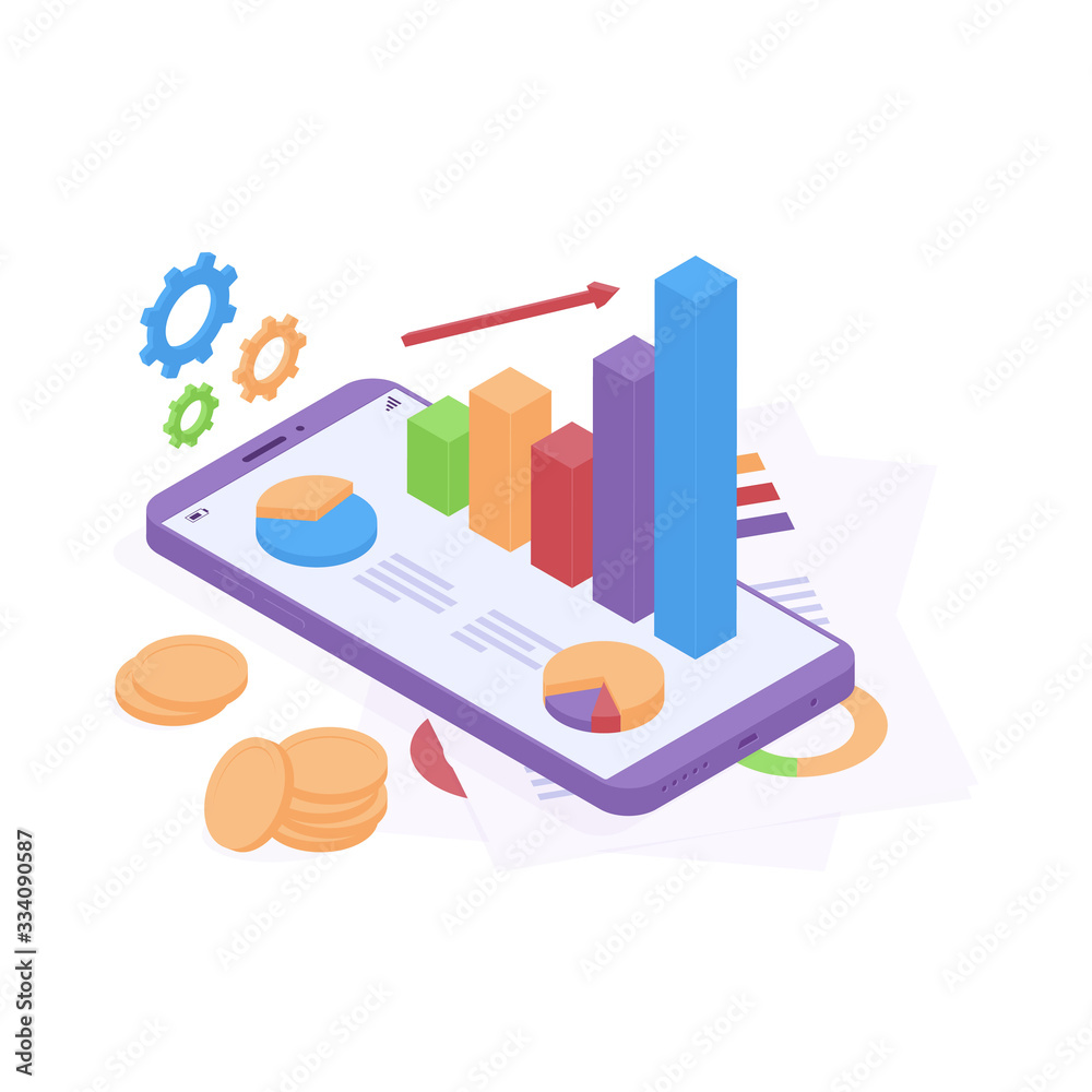 Isometric business analysis concept with graphics on mobile phone and paper documents, stack of coin money and gears.