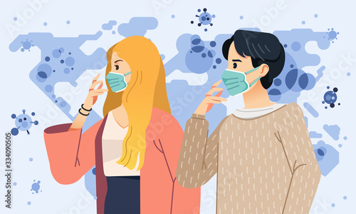 illustration of man and women wearing mask as a awareness of spreading corona virus over the world