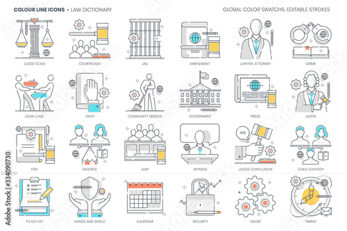 Law dictionary related, color line, vector icon, illustration set