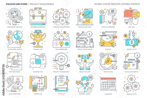 Project development related, color line, vector icon, illustration set