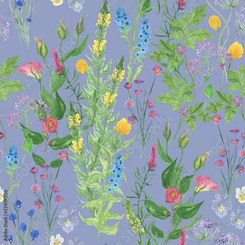 Watercolor painting seamless pattern with wildflowers