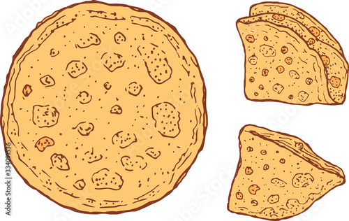 Pancakes set. Three colorful doodle cartoon isolated elements. Shrovetide holiday. Hand drawn sketch. Elements for menu and flyer design. Vector illustration