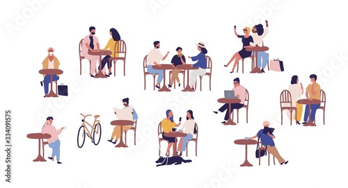Set of people sitting at table in street cafe vector flat illustration. Collection of cartoon couple, family, child, man and woman resting at cafeteria isolated on white. Person relaxing together