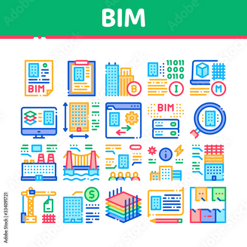 Bim Building Information Modeling Icons Set Vector. Building Document And Plan, Research And Build Construction, Bridge And Apartment Concept Linear Pictograms. Color Illustrations