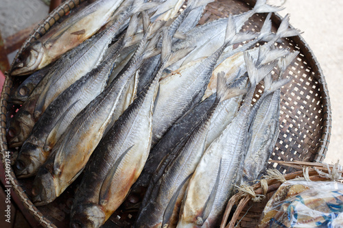 Top view of Dried sea fishes in Thailand