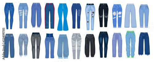Jeans pants vector cartoon set icon. Vector illustration woman pants on white background. Isolated cartoon set icon type of jeans.