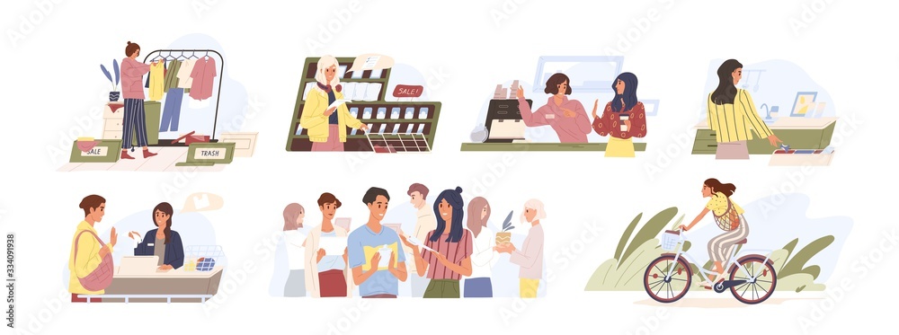 Set of various people conscious consumption lifestyle vector flat illustration. Collection of different person enjoying eco-friendly way of life isolated on white. Saving environment together