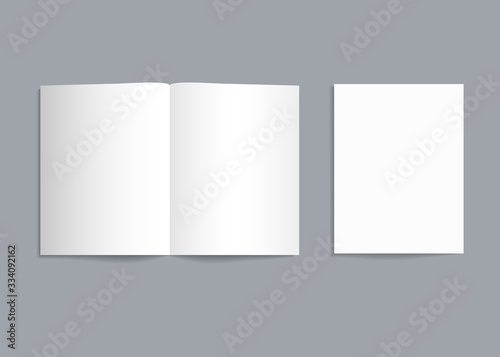 Mockup bifold brochure. White paper flyer with shadow isolated. Blank card menu. Magazine cover with mock-up bi-fold catalog. a4, a3, a5 leaflet for presentation, catalog, invitation, booklet. Vector