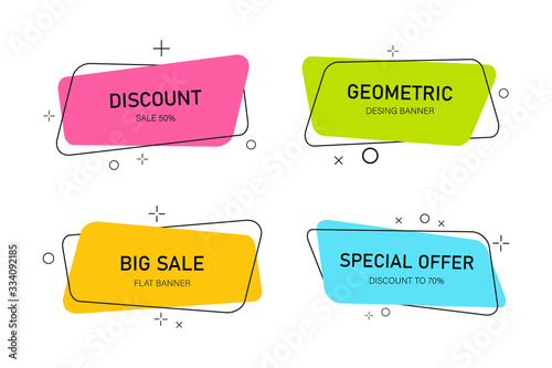 Modern banners with geometric shapes. Label title in flat style. Sale poster template. Box for text, promo, offer, price, discount. Vintage tag, sticker for web, store. Trendy abstract logo. Vector