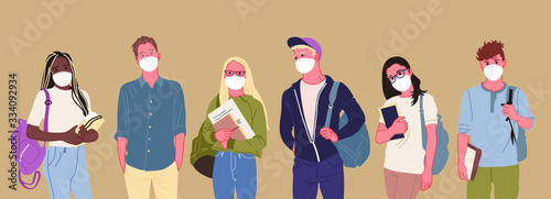 Group of people wearing medical masks to prevent disease, flu, air pollution, contaminated air, world pollution. Vector illustration in a flat style