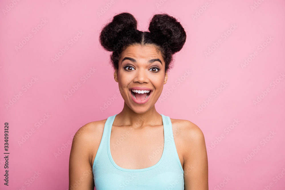 Close-up portrait of her she nice attractive lovely pretty cute amazed dreamy impressed glad cheerful cheery teenage wavy-haired girl good mood isolated over pink pastel color background