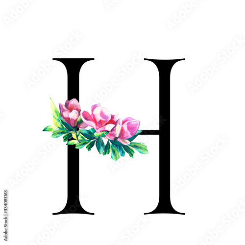 Floral Letter  with hand painted pink flowers and leaves. . Elegant Alphabet isolated on the white background. Design for Wedding, inviting, greeting and birthday card for celebration. Black H