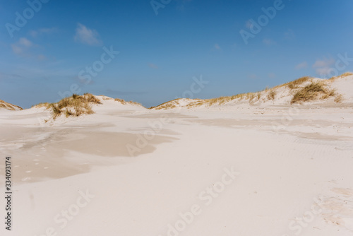 Wide sand beach landscape, sunny day, blue sky, Amrum, Germany