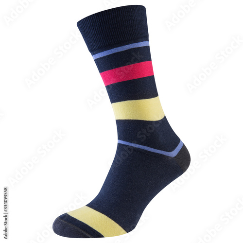 voluminous blue sock with colored wide stripes, on a white background