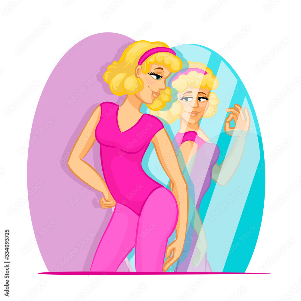 Cartoon Color Character Person Female Watch Mirror Concept. Vector