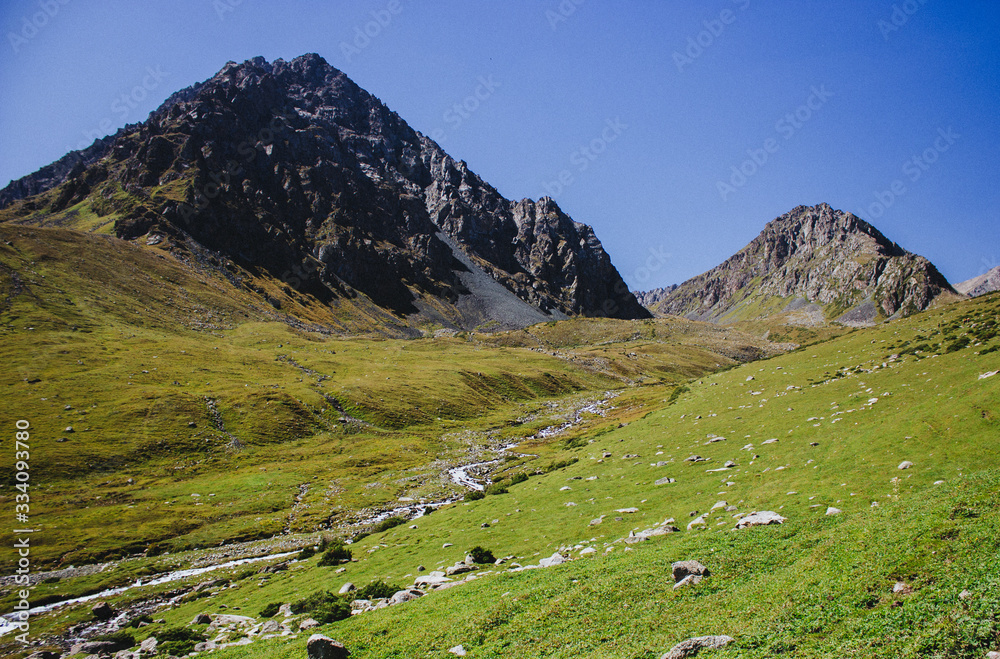 Beautiful Mountain landscape. Lovely scenery with blue sky, high rocks, trees and green valleys. 