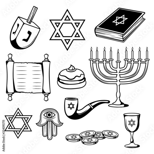 Set of elements for Hanukkah. Icon collection for the celebration of the holy eight-day holiday. Happy Hanukkah. Vector illustration on a white background.