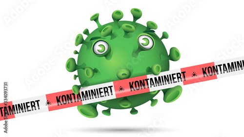 Grüner Virus hinter rot-weissem Absperrband mit der Aufschrift - Kontaminiert