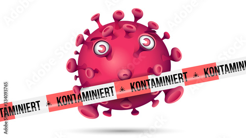 Violett roter Virus hinter rot-weissem Absperrband mit der Aufschrift - Kontaminiert