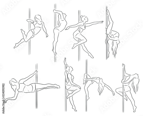 Set of women dancers on a pole. Collection of pylon dance illustrations for fitness, striptease in various poses. Exotic dance. Linear art. Vector illustration on a white background.