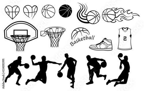 Set of basketball players. Collection silhoutte of sports equipment for people playing basketball. Vector illustration of  for a sports shop.